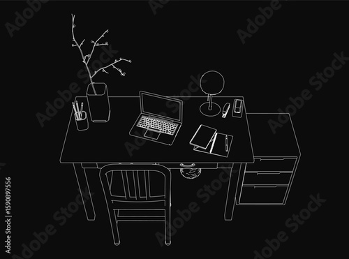 A laptop sits on a cluttered desk surrounded by books, a pen stand, and a glowing lamp in a dark, mysterious workspace. The dim lighting accentuates the contours of each object.
