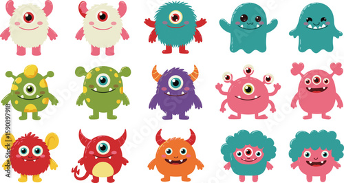 Colorful cartoon monsters, cute vector creatures, funny alien characters, kids monster clipart, happy one-eyed beasts, adorable illustrations for children