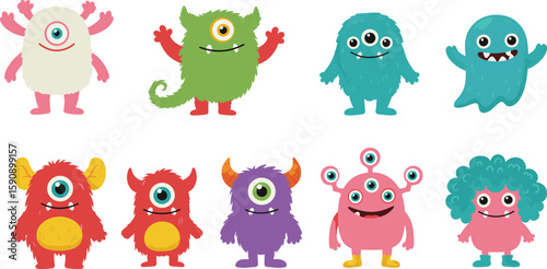 Cartoon colorful monsters, funny cute aliens, kids fantasy illustration, happy vector creatures, adorable one-eyed characters, children friendly monster clipart