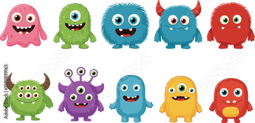 Cute cartoon monsters, funny vector creatures, colorful alien clipart, happy one-eyed beasts, adorable monster set, children illustration, fantasy characters