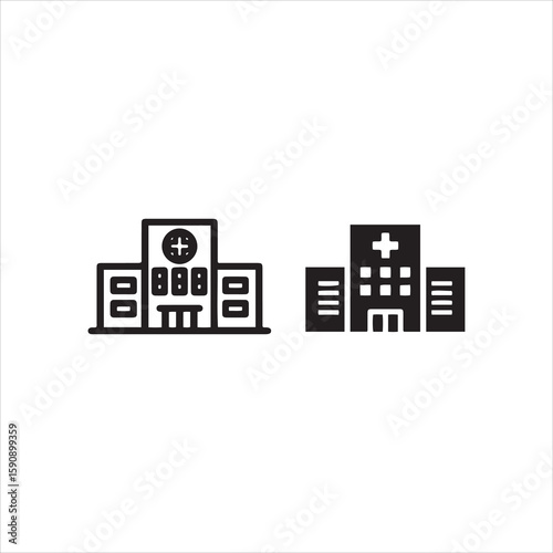 Two simple building icons one outline and one solid featuring a medical cross