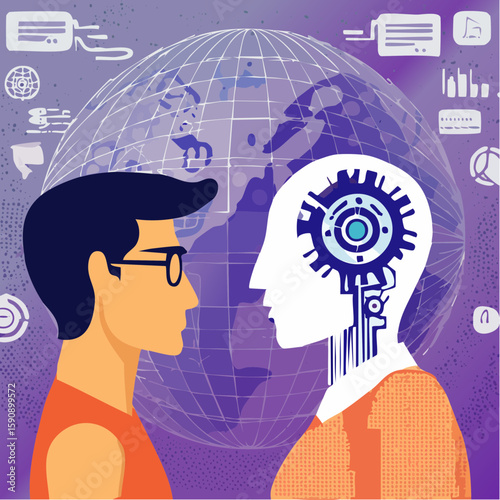 Digital Age Convergence: Human and Robot Face-to-Face in a High-Tech Future Landscape