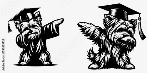 Yorkshire Terrier Dog wear graduation cap and pose dabbing. Diploma Graduate Commencement Ceremony Cartoon Clipart Line Art Vector Illustration. Small canine apparel mortarboard do a joyful.