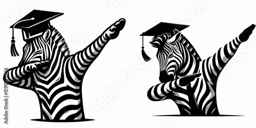 Zebra wear graduation cap and pose dabbing. Diploma Graduate Commencement Ceremony Cartoon Clipart Line Art Vector Illustration. Equine don academic headgear striking hip-hop gesture.