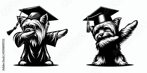 Yorkshire Terrier Dog wear graduation cap and pose dabbing. Diploma Graduate Commencement Ceremony Cartoon Clipart Line Art Vector Illustration. Tiny pup in academic attire doing.
