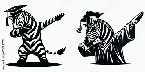 Zebra wear graduation cap and pose dabbing. Diploma Graduate Commencement Ceremony Cartoon Clipart Line Art Vector Illustration. Striped horse don academic headgear make hip hop gesture.