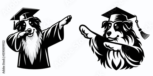 Australian Shepherd Dog wear graduation cap and pose dabbing. Diploma Graduate Commencement Ceremony Cartoon Clipart Line Art Vector Illustration. canine don academic hat strike joyful dab.
