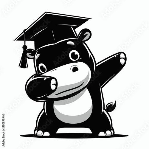 baby hippo wear graduation cap and pose dabbing. Diploma Graduate Commencement Ceremony Cartoon Clipart Line Art Vector Illustration. Young sporting mortarboard striking hip-hop stance.