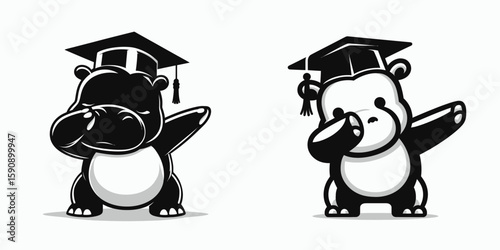 baby hippo wear graduation cap and pose dabbing. Diploma Graduate Commencement Ceremony Cartoon Clipart Line Art Vector Illustration. Tiny in mortarboard make a gesture.