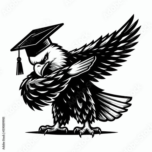 Bald Eagle wear graduation cap and pose dabbing. Diploma Graduate Commencement Ceremony Cartoon Clipart Line Art Vector Illustration. Patriotic bird dons mortarboard strikes celebratory.