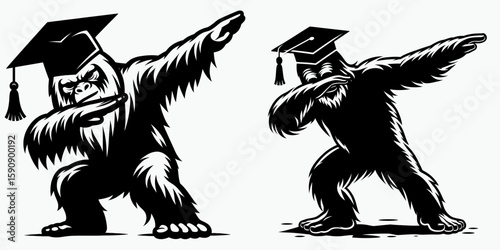 Bigfoot wear graduation cap and pose dabbing. Diploma Graduate Commencement Ceremony Cartoon Clipart Line Art Vector Illustration. Sasquatch don mortarboard strike celebratory dance.