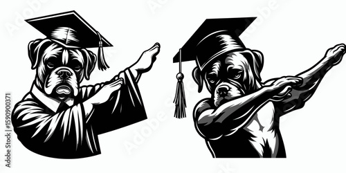 Boxer Dog wear graduation cap and pose dabbing. Diploma Graduate Commencement Ceremony Cartoon Clipart Line Art Vector Illustration. Canine pup with mortarboard making a gesture.