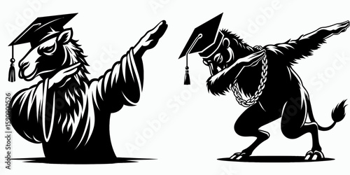 Camel wear graduation cap and pose dabbing. Diploma Graduate Commencement Ceremony Cartoon Clipart Line Art Vector Illustration. Ungulate donning mortarboard making hip hop motion.