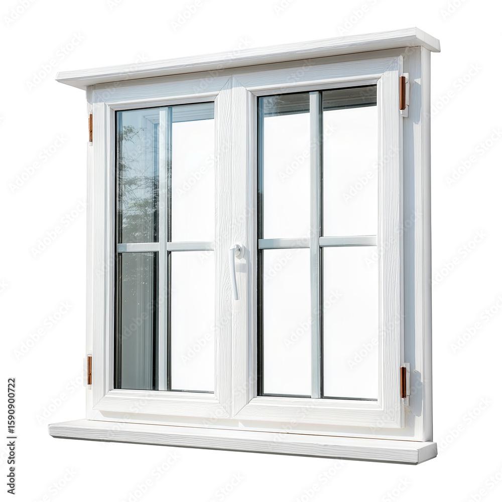 Fototapeta premium Enhance Your Home's Classic Charm: Elegant White French Window with Multiple Glass Panes and Ornate Details, Perfect for Adding Timeless Architectural Beauty and Natural Light to Any Interior or Exter