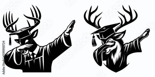 Deer wear graduation cap and pose dabbing. Diploma Graduate Commencement Ceremony Cartoon Clipart Line Art Vector Illustration. Woodland creature adorn hat strike jaunty celebratory stance.