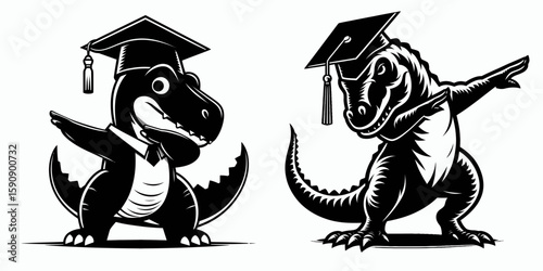 Dinosaur wear graduation cap and pose dabbing. Diploma Graduate Commencement Ceremony Cartoon Clipart Line Art Vector Illustration. Reptile in mortarboard hat strike triumphant dance posture.