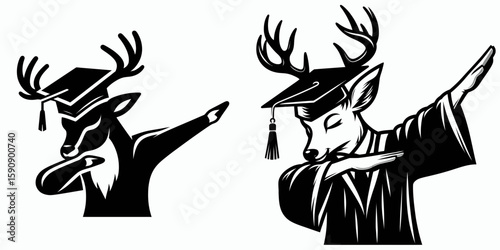 Deer wear graduation cap and pose dabbing. Diploma Graduate Commencement Ceremony Cartoon Clipart Line Art Vector Illustration. Buck dons mortarboard does fun hip hop gesture.