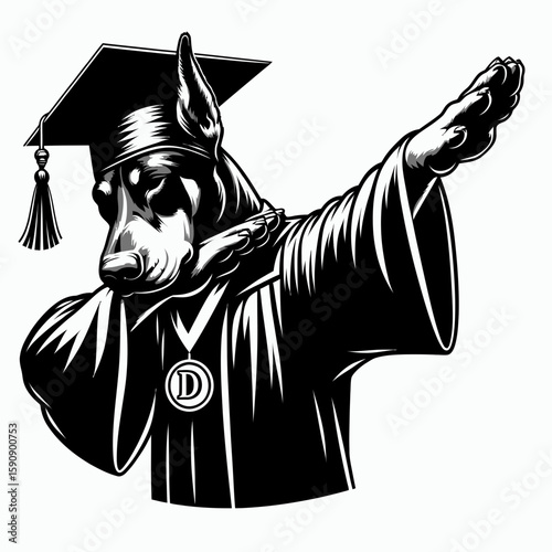 Doberman Pinscher Dog wear graduation cap and pose dabbing. Diploma Graduate Commencement Ceremony Cartoon Clipart Line Art Vector Illustration. canine in academic attire doing hip hop dance.