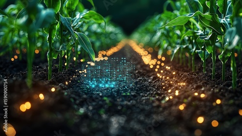 A smart agricultural field with rows of crops and glowing data points, highlighting precision farming and technological insights into crop health.