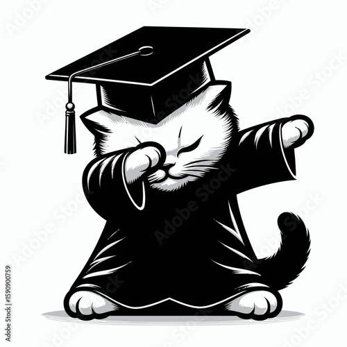 Domestic Shorthair Cat wear graduation cap and pose dabbing. Diploma Graduate Commencement Ceremony Cartoon Clipart Line Art Vector Illustration. House feline in mortarboard doing cool dance.