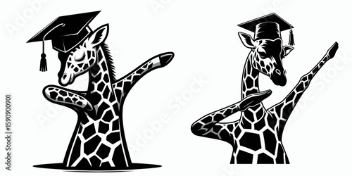 Giraffe wear graduation cap and pose dabbing. Diploma Graduate Commencement Ceremony Cartoon Clipart Line Art Vector Illustration. Tall animal don academic hat doing a celebratory gesture.