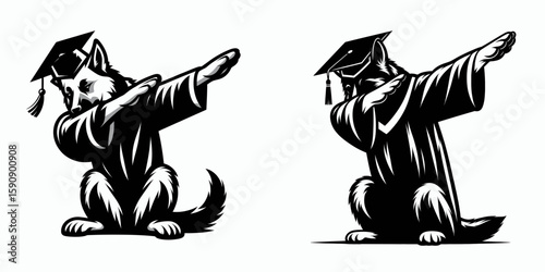 German Shepherd Dog wear graduation cap and pose dabbing. Diploma Graduate Commencement Ceremony Cartoon Clipart Line Art Vector Illustration. Canine in gown headgear make hip hop gesture.