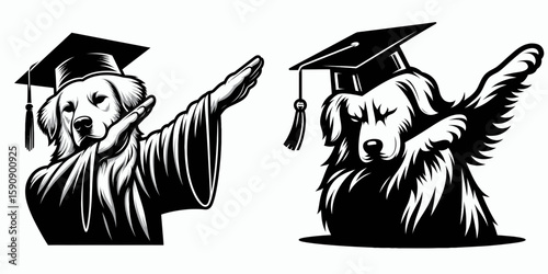 Golden Retriever Dog wear graduation cap and pose dabbing. Diploma Graduate Commencement Ceremony Cartoon Clipart Line Art Vector Illustration. Canine in mortarboard strikes dab stance.