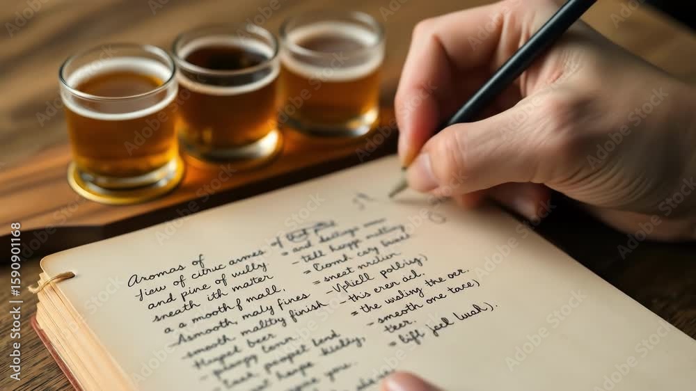 Hand writing on notebook Three beers sitting nearby Wooden tray and table visible Focused shot on beer tasting notes