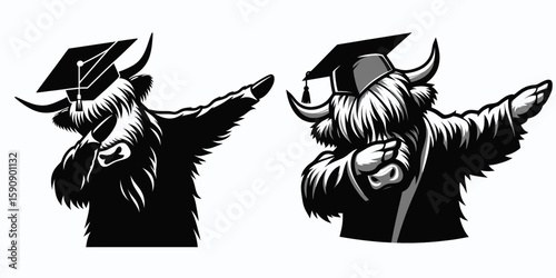 Highland Cow wear graduation cap and pose dabbing. Diploma Graduate Commencement Ceremony Cartoon Clipart Line Art Vector Illustration. Hairy bovine sport academic hat doing dab celebration.