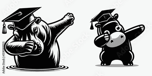 Hippo wear graduation cap and pose dabbing. Diploma Graduate Commencement Ceremony Cartoon Clipart Line Art Vector Illustration. Large mammal don academic headgear strike a triumphant dance.