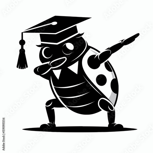 Lady bug wear graduation cap and pose dabbing. Diploma Graduate Commencement Ceremony Cartoon Clipart Line Art Vector Illustration. Insect with mortarboard does a cool celebratory gesture.