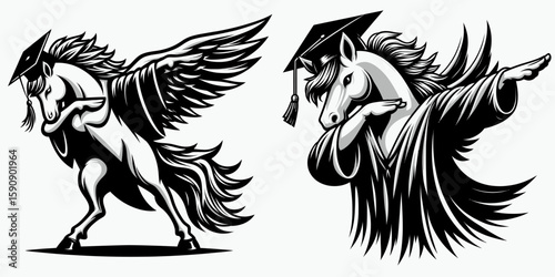 Pegasus wear graduation cap and pose dabbing. Diploma Graduate Commencement Ceremony Cartoon Clipart Line Art Vector Illustration. Winged horse in academic attire strikes a celebratory hip.