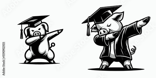 Pig wear graduation cap and pose dabbing. Diploma Graduate Commencement Ceremony Cartoon Clipart Line Art Vector Illustration. Hog don headgear strike a dabbing figure do dance.