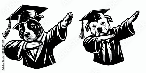 Pittbulls Dog wear graduation cap and pose dabbing. Diploma Graduate Commencement Ceremony Cartoon Clipart Line Art Vector Illustration. Canine formal headgear achievement posture affection.