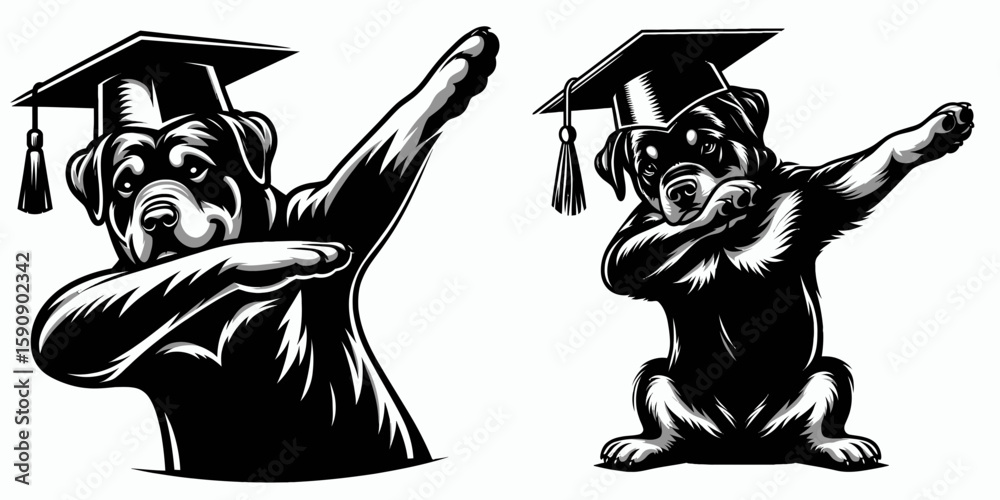 Fototapeta premium Rottweiler Dog wear graduation cap and pose dabbing. Diploma Graduate Commencement Ceremony Cartoon Clipart Line Art Vector Illustration. Canine in gown headwear makes dancing gesture.