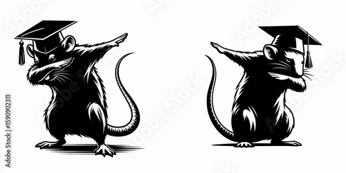 Rat wear graduation cap and pose dabbing. Diploma Graduate Commencement Ceremony Cartoon Clipart Line Art Vector Illustration. Rodent in academic headgear strikes a dabbing attitude.