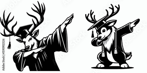 Reindeer wear graduation cap and pose dabbing. Diploma Graduate Commencement Ceremony Cartoon Clipart Line Art Vector Illustration. Caribou in mortarboard celebrates achievement with hip hop.