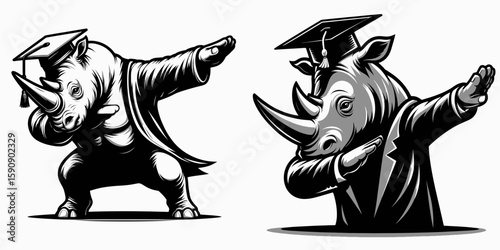 Rhino wear graduation cap and pose dabbing. Diploma Graduate Commencement Ceremony Cartoon Clipart Line Art Vector Illustration. Horned animal don academic headgear making cool dance action.