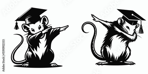 Rat wear graduation cap and pose dabbing. Diploma Graduate Commencement Ceremony Cartoon Clipart Line Art Vector Illustration. Rodent in mortarboard making dab gesture a celebration.