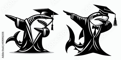 Shark wear graduation cap and pose dabbing. Diploma Graduate Commencement Ceremony Cartoon Clipart Line Art Vector Illustration. Elasmobranch in mortarboard strike a dab stance academic.