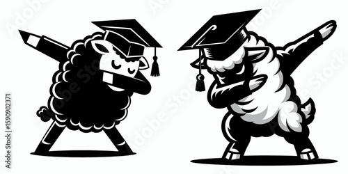 Sheep wear graduation cap and pose dabbing. Diploma Graduate Commencement Ceremony Cartoon Clipart Line Art Vector Illustration. Wooly beast don academic hat strikes a cool celebratory.