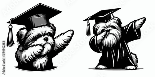 Shih Tzu Dog wear graduation cap and pose dabbing. Diploma Graduate Commencement Ceremony Cartoon Clipart Line Art Vector Illustration. Little canine dressed for college completion doing.