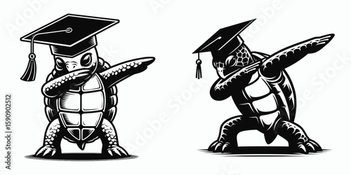 Turtle wear graduation cap and pose dabbing. Diploma Graduate Commencement Ceremony Cartoon Clipart Line Art Vector Illustration. Reptile don academic headgear striking a celebratory gesture.