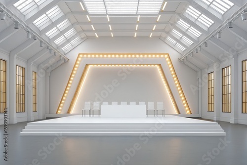 Modern Minimalist White Stage with LED Lights in Bright Exhibition Hall  
