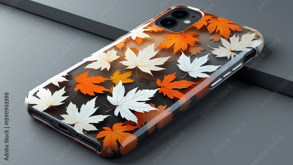 Obraz premium An elegantly fading autumn leaf patterned phone case lies on a sleek, minimalist gray surface. The intricate design features vibrant orange and white leaves against a muted background