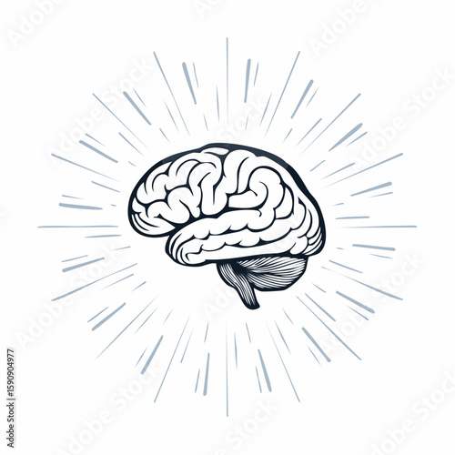 A brain with circular lines above it that represent energy or thought, simple design.
