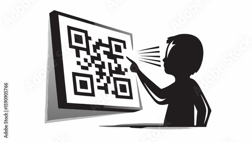Silhouette of a child pointing at a qr code displayed on a screen with radiating lines from the eye