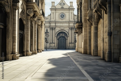 A sunlit alleyway between ornate buildings.