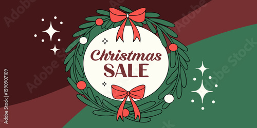 Christmas greeting card , social media poster sale sign on a decorated pine wreath, drawing in red green background vector illustration.
