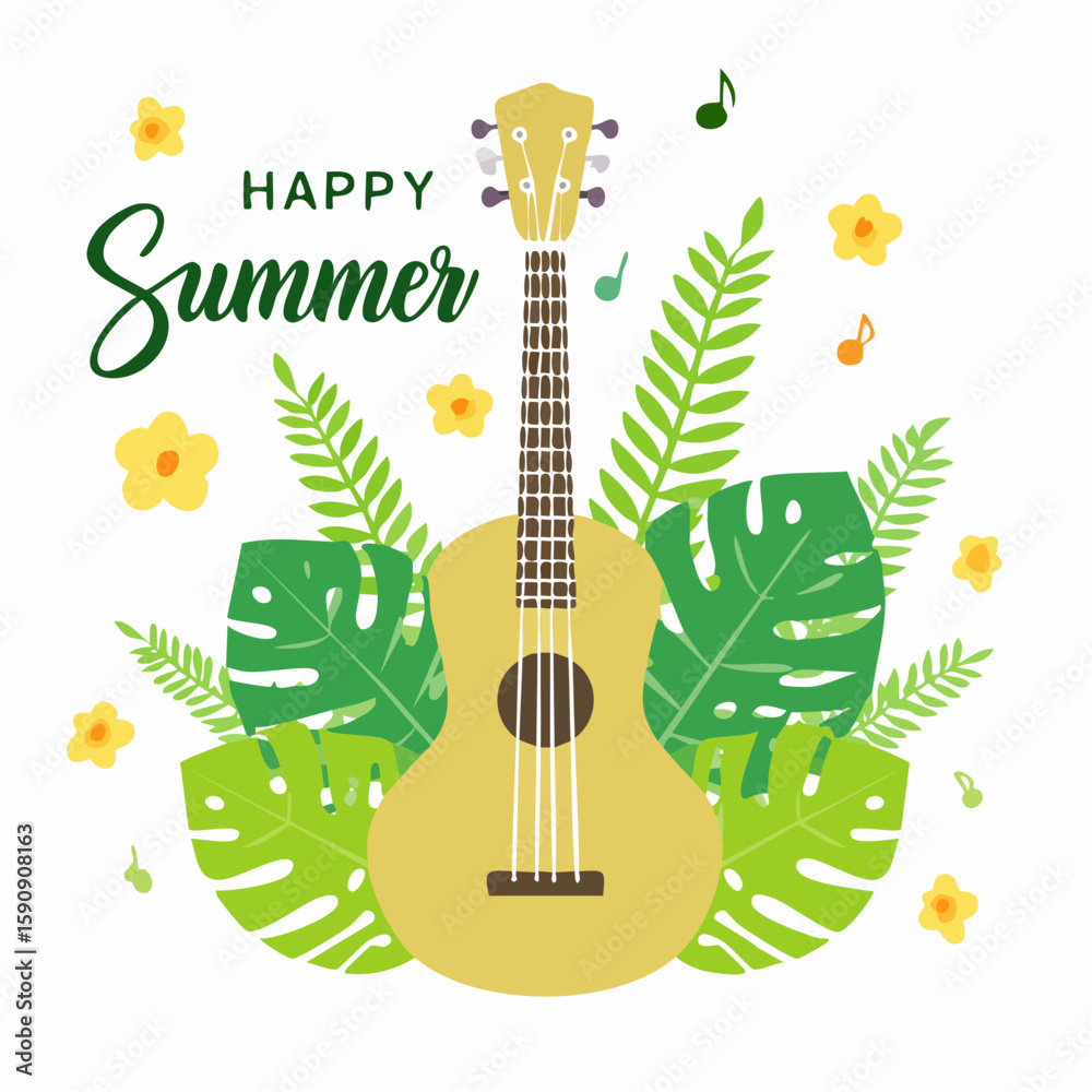 Naklejka premium Colorful vector of a guitar set against tropical leaves, flowers, and musical notes, emphasizing summer, music, vacation, and outdoor celebrations, perfect for summer events and tourism. 
